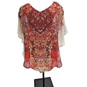 db Woman's 2 piece Attached Red Flowy Bat Wing Blouse Size XL Rhinestones V Neck